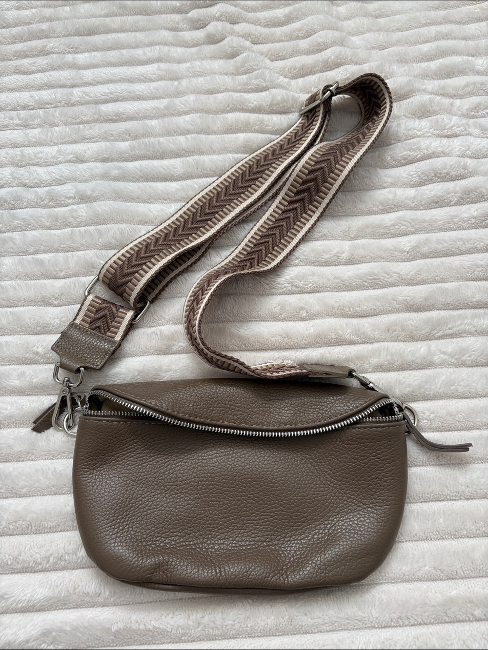 Taupe Pebbled Leather Crossbody Bag with Adjustable Strap